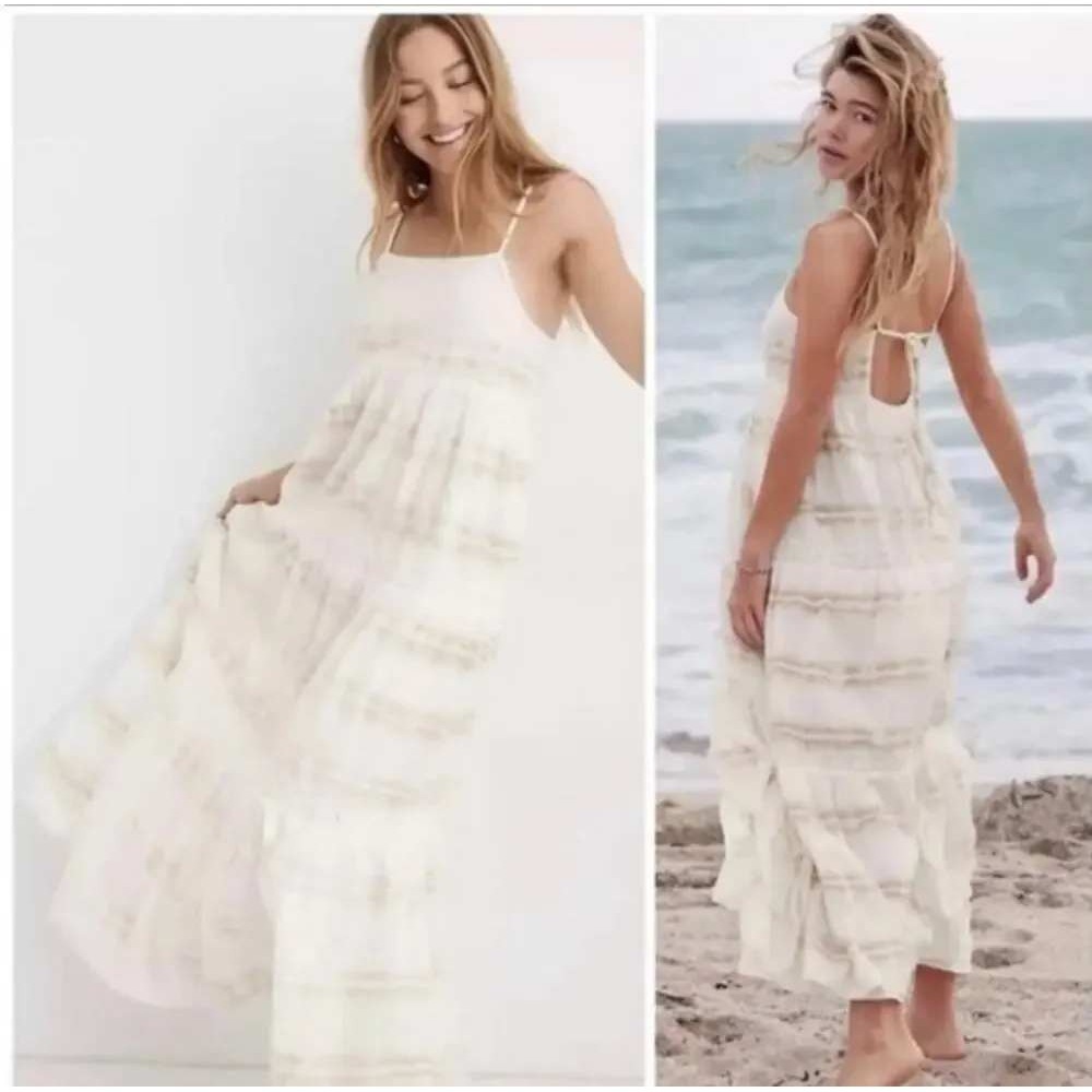 Aerie Tie Dye Tiered Maxi Dress Medium Open Back Beige Gauze Cotton Boho Peasant
